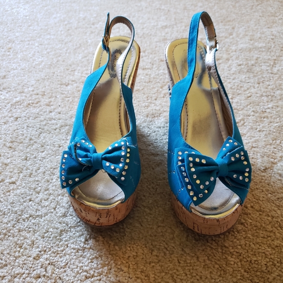 Turquoise and Rhinestone Platform Wedges - Picture 2 of 7